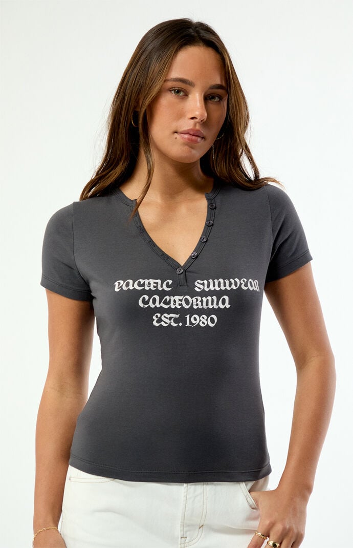 Pacsun Women's Pacific Sunwear Henley Short Sleeve T-shirt In Dark Gray