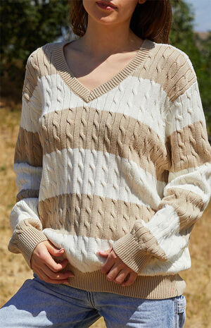 White & Tan Striped Nikki V-Neck Cable Knit Sweater image number 2