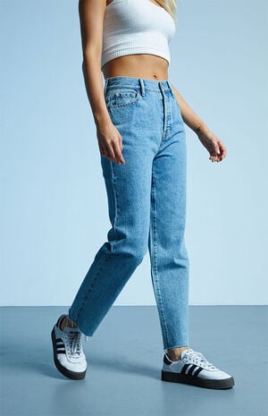 Eco Medium Blue High Waisted Straight Leg Jeans image number 3