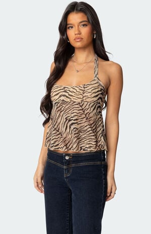 Tiger Printed Mesh Babydoll Top image number 3