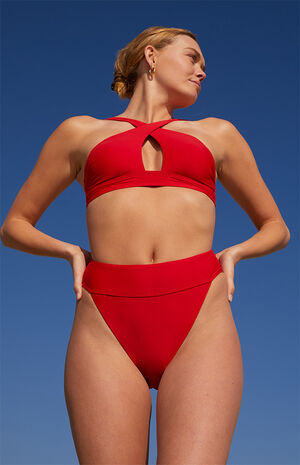 Eco Red Wide Band High Waisted Bikini Bottom image number 2