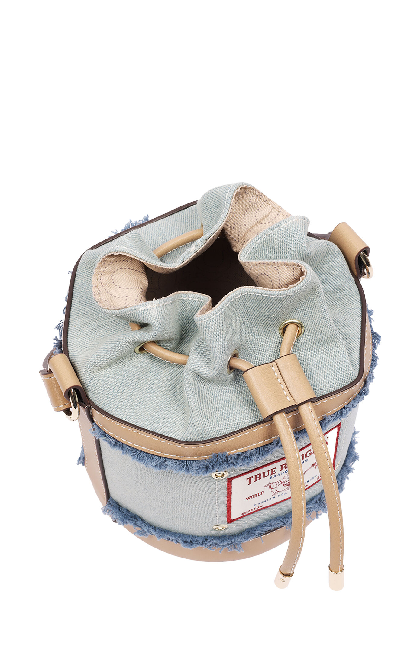 True Religion Buddha Patch Frayed Denim Bucket Bag