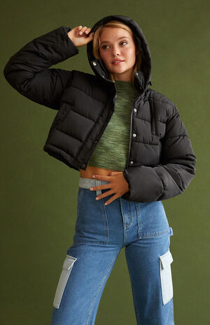 Black Hooded Puffer Jacket image number 2