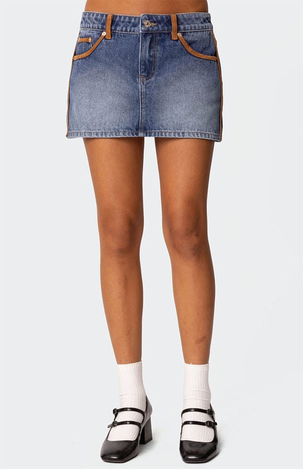 Edikted Vera Suede Trim Denim Mini Skirt