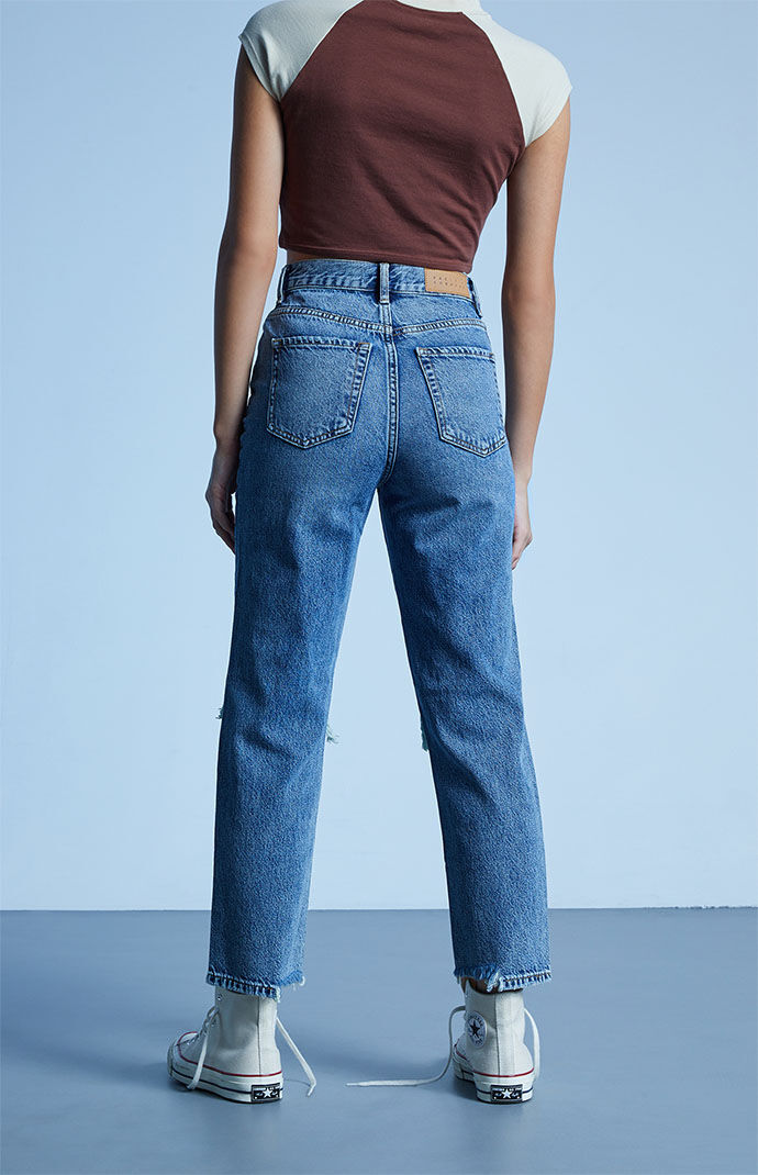 PacSun Eco Medium Blue Distressed High Waisted Straight Leg Jeans at ...