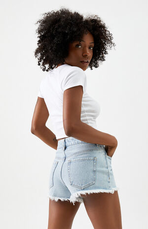 Light Blue High Waisted Denim Festival Shorts image number 5