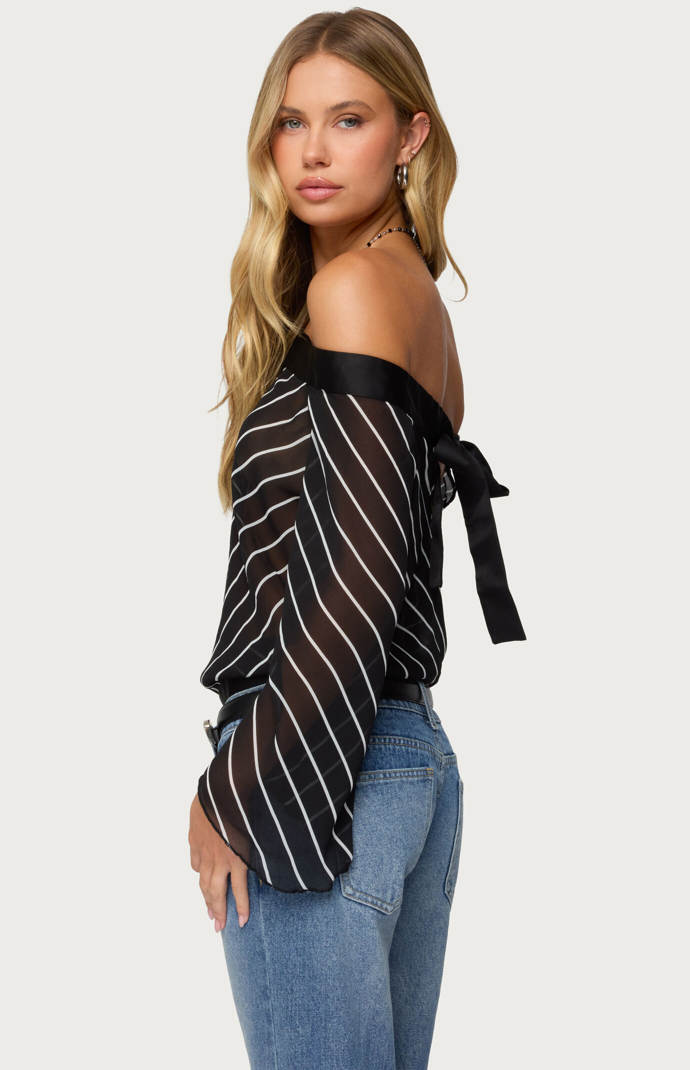 Edikted Diagonal Striped Off Shoulder Chiffon Top