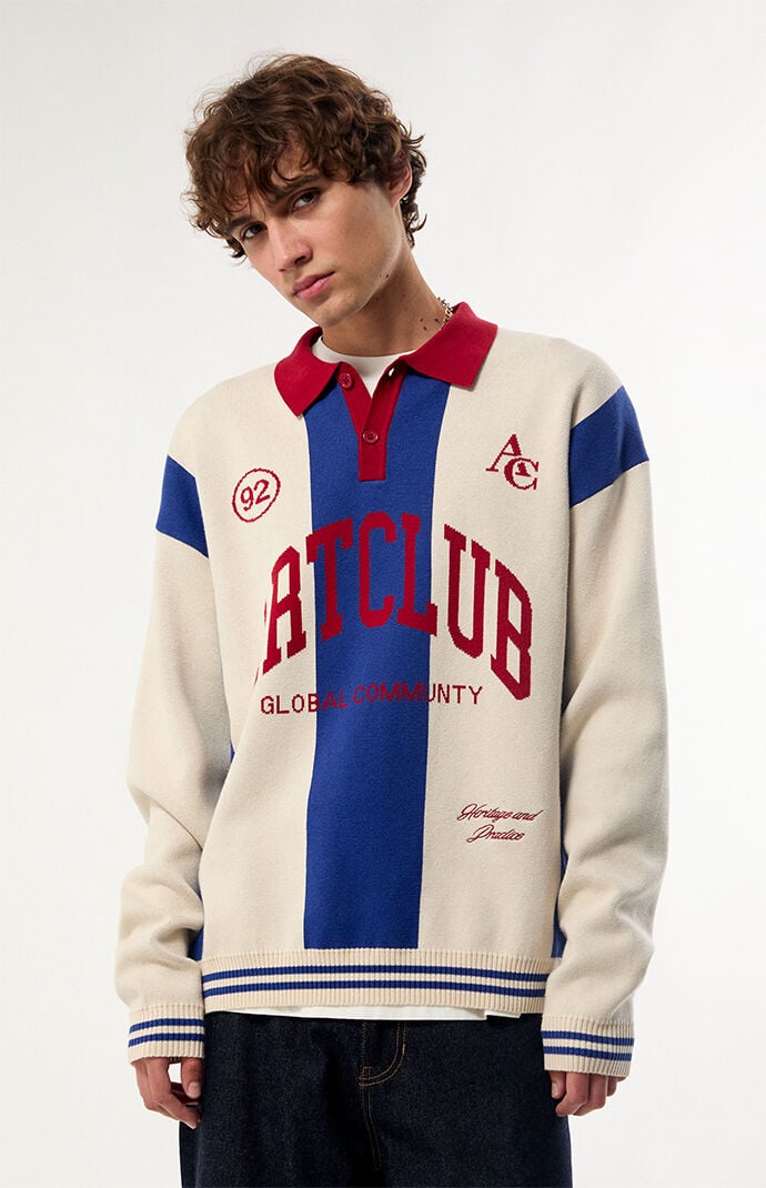 Pacsun Cream Art Club Long Sleeve Polo Shirt