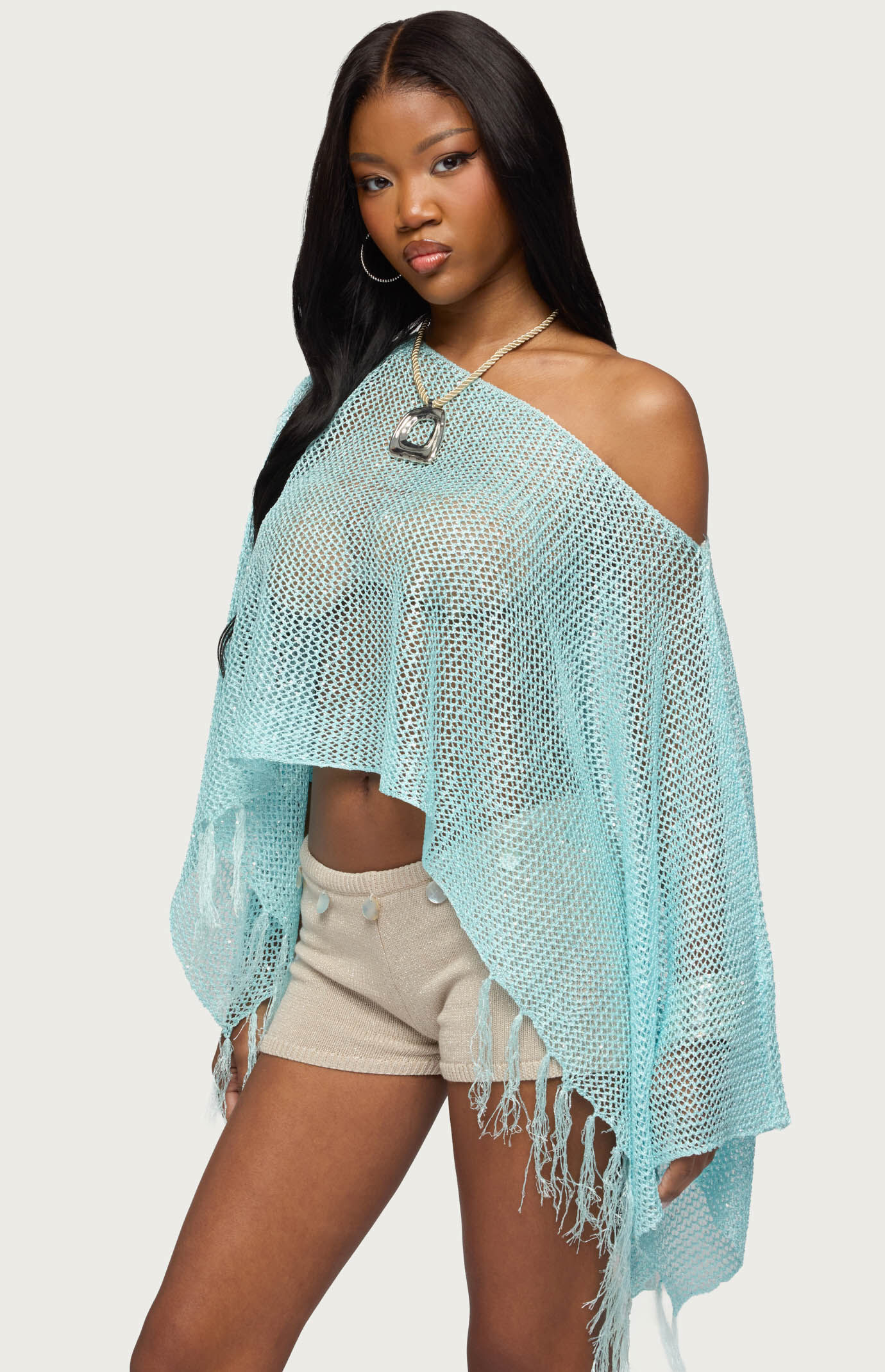 Edikted Sequin Fringe Knit Poncho | Pacsun
