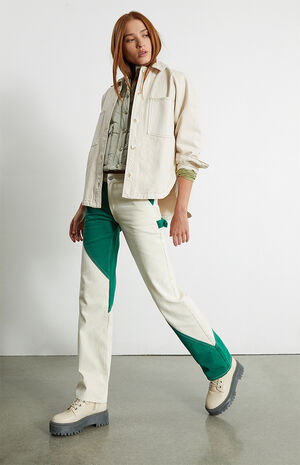 Green & White Paneled Low Rise Carpenter Pants image number 1
