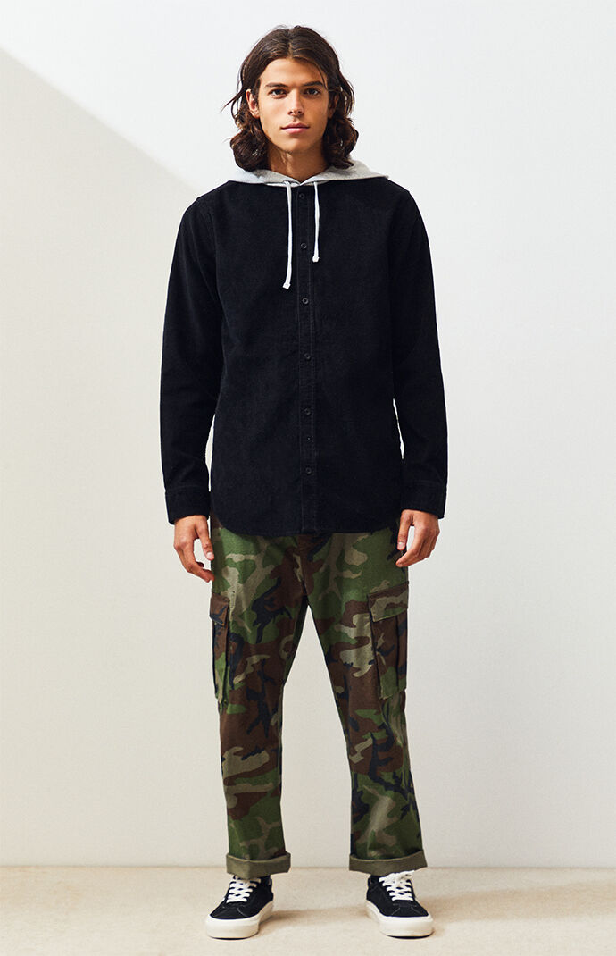 Cadio Cord Hooded Long Sleeve Button Up Shirt