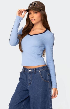 Contrast V Neck Long Sleeve T-Shirt image number 3