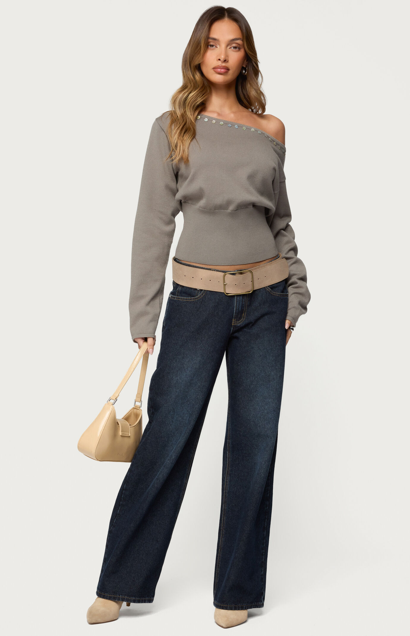 Edikted Carmela Iridescent Button Off-The-Shoulder Sweater