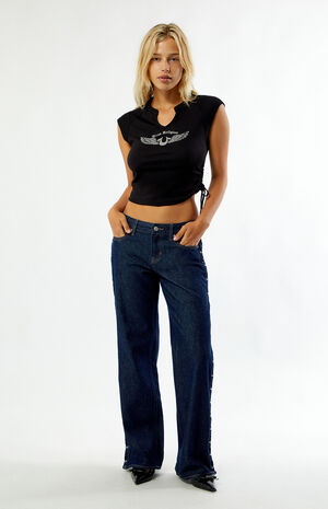 Crystal Notched V-Neck Side Ruched Top image number 5