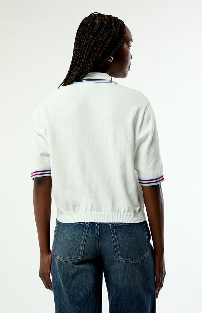 WEWOREWHAT Striped Polo Henley Short Sleeve Sweater