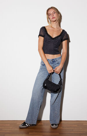 Short Sleeve Lace Trim Mesh Top image number 4