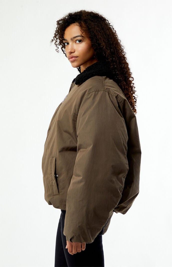 WEWOREWHAT Faux Fur Collar Balloon Bomber Jacket