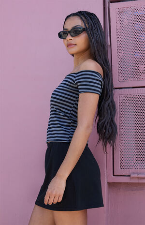 Grey & Black Striped Bonnie Off-The-Shoulder Short Sleeve Top image number 2