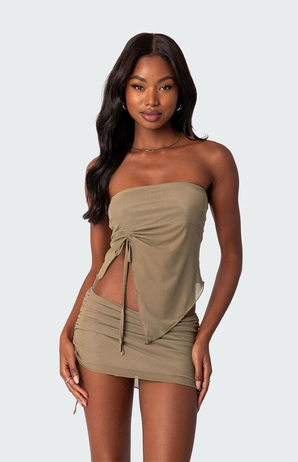 porridge slim asymmetrical ruched mesh dress White Ruched Asymmetrical Dress