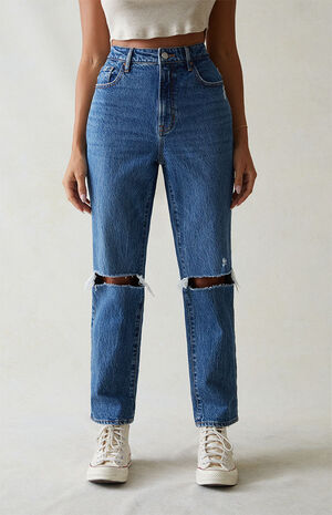 Eco Stretch Dark Blue Ripped Curve Straight Leg Jeans image number 1