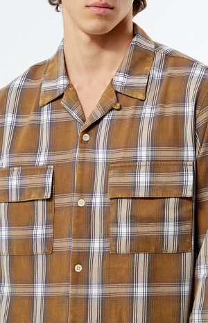 Brown Plaid Washed Cropped Flannel Shirt image number 2