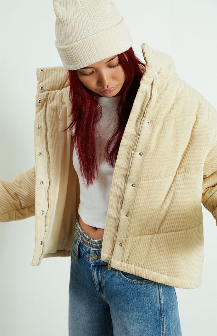 Tan corduroy puffer jacket on sale