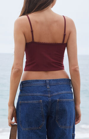 Burgundy Lace Trim Cropped Tank Top image number 3