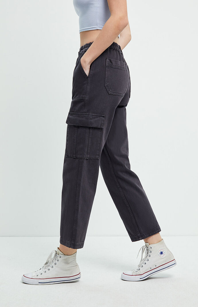 Womens black utility cargo pants top