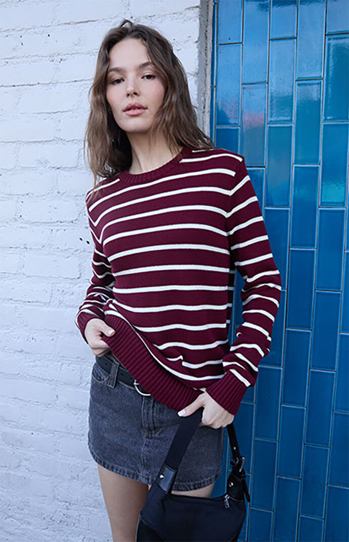 John Galt Women's Burgundy Thin Stripe Crew Neck Sweater