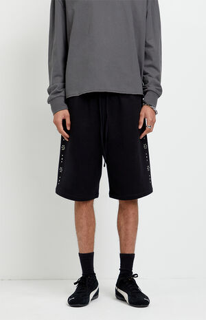 Black Studded Fleece Baggy Sweat Shorts image number 2