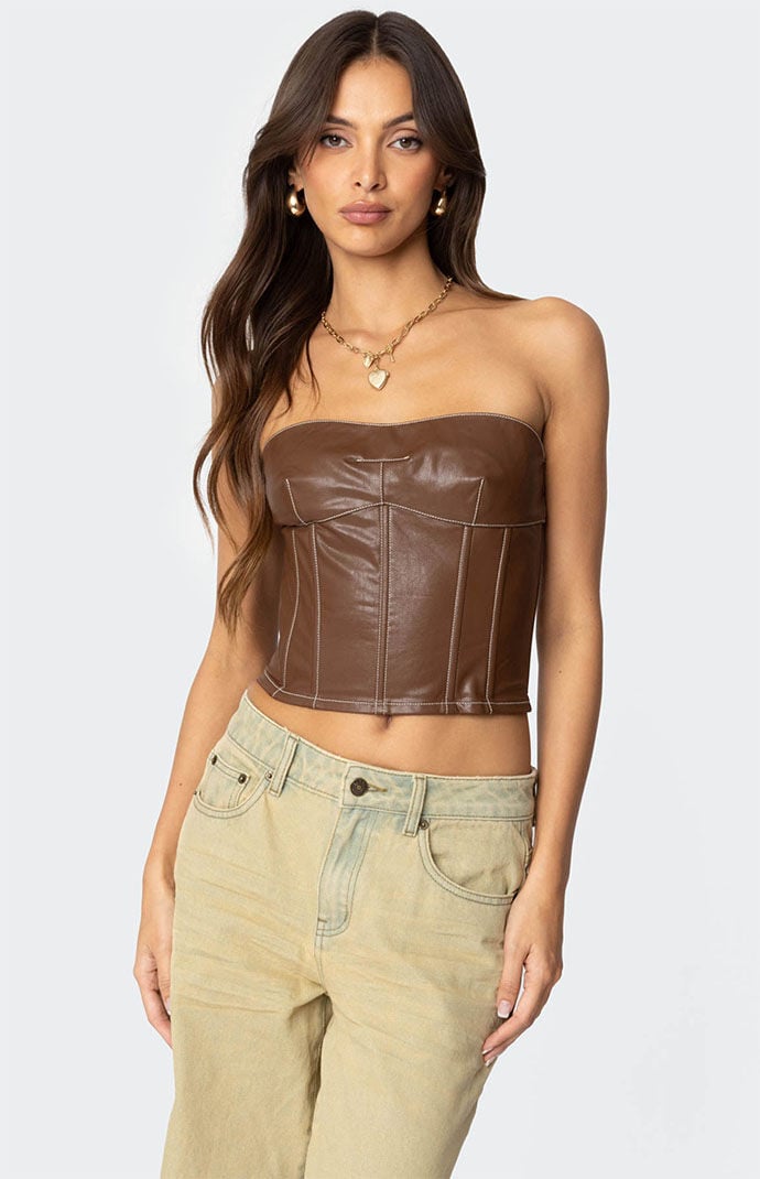 Edikted Moss Faux Leather Lace Up Corset