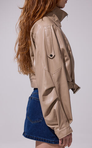 Papoose Faux Leather Beige Cropped Jacket image number 3