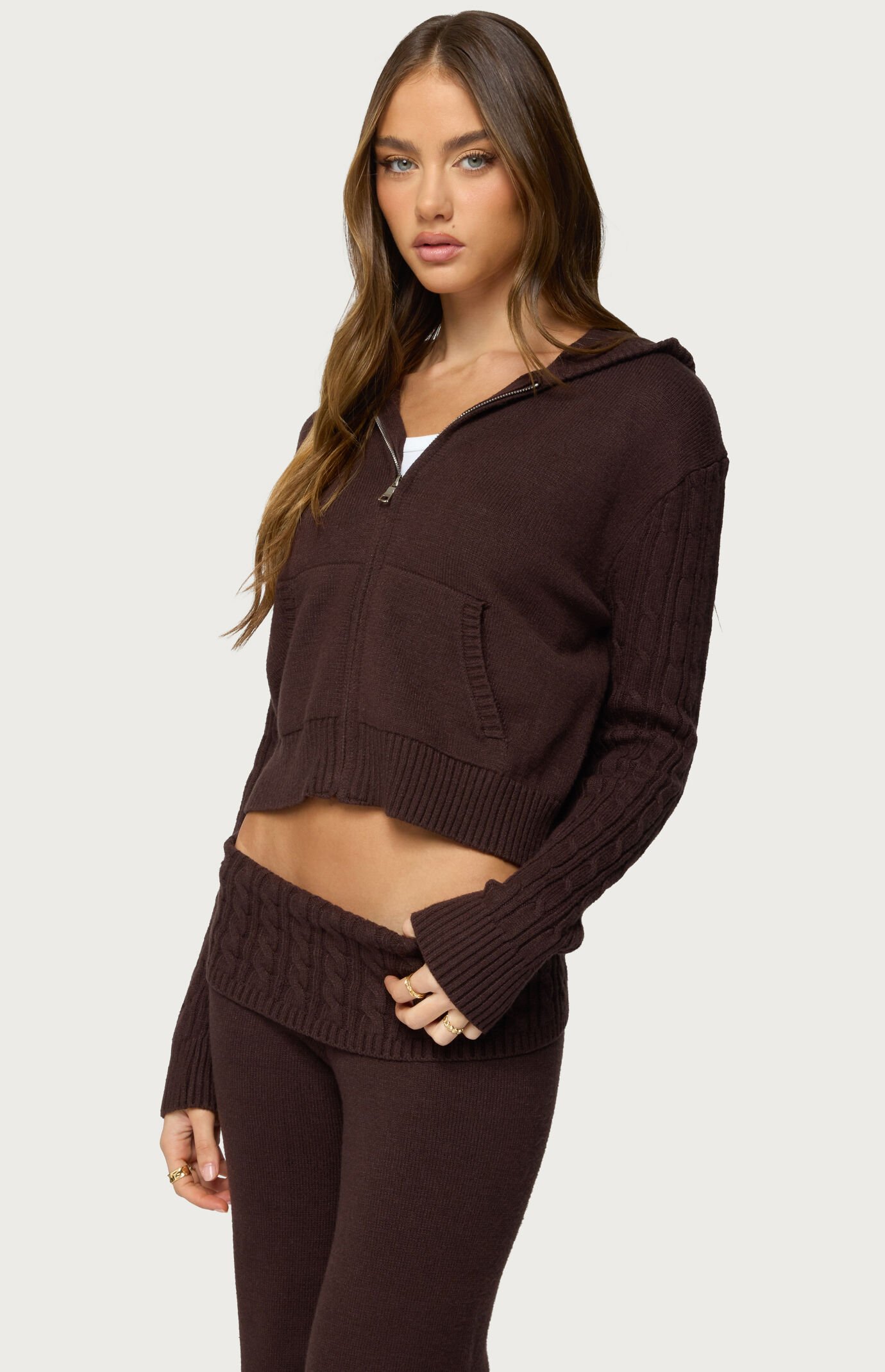 Edikted Lula Cable Knit Zip Up Hoodie