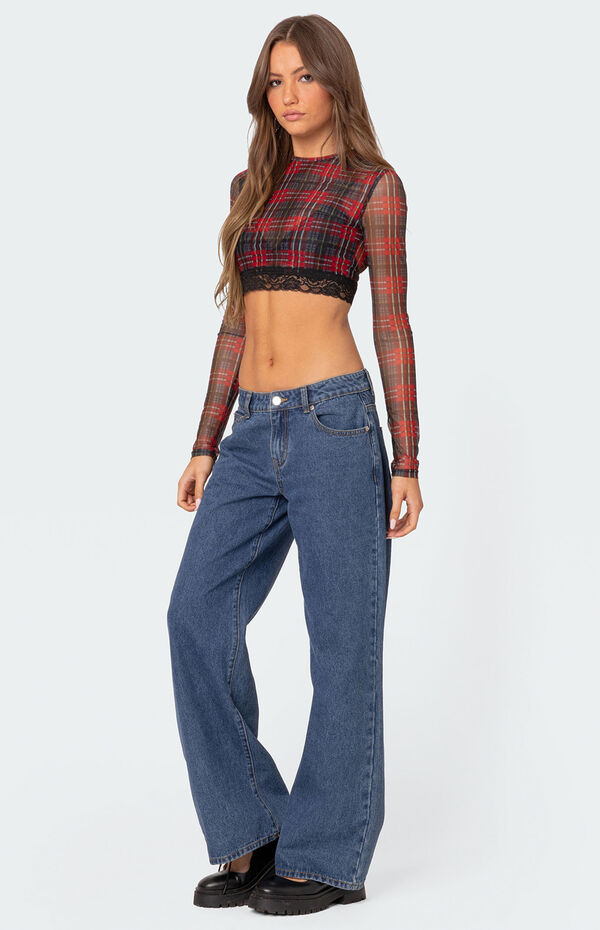 Edikted Noel Plaid Printed Mesh Crop Top PacSun