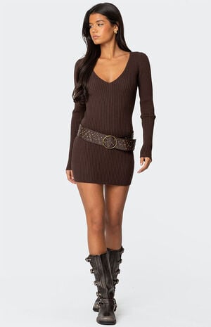 Ribbed Knit V Neck Mini Dress image number 1