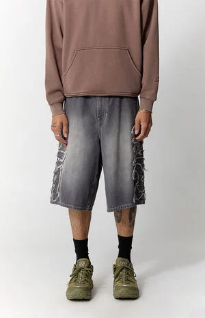 Austin Extreme Baggy Jorts Frayed LA Applique Gray image number 2