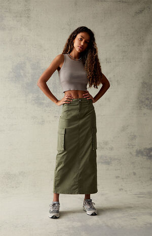 Olive Stretch High-Waisted Cargo Midi Skirt image number 2