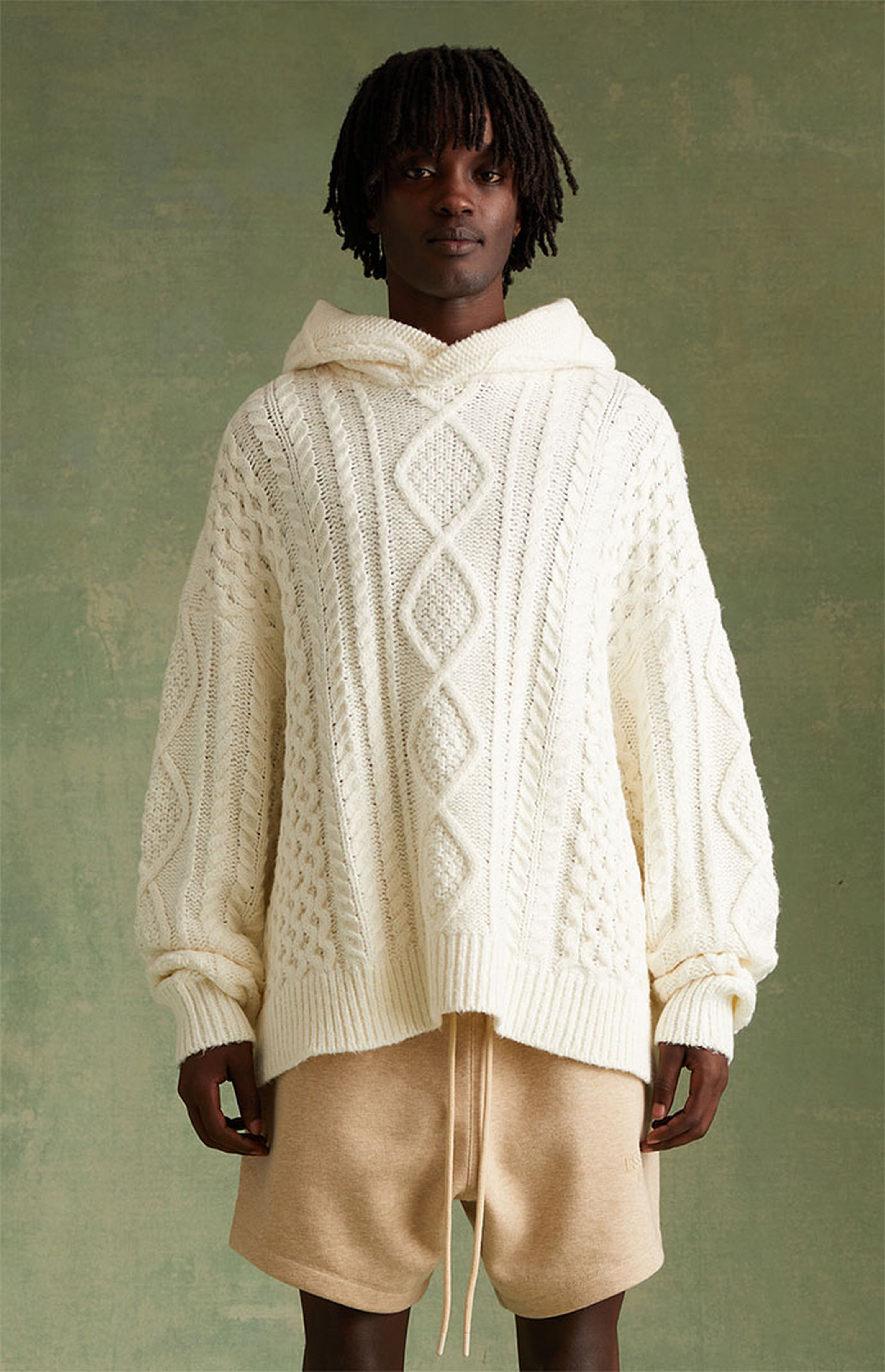 Fear of God ESSENTIALS Cloud Dancer Cable Knit Hoodie Pacsun