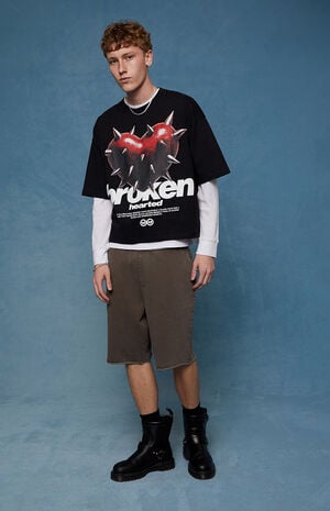 Washed Brown Fleece Raw Baggy Sweat Shorts image number 2