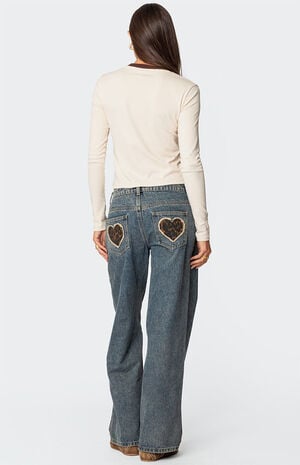 Leopard Heart Washed Jeans image number 1