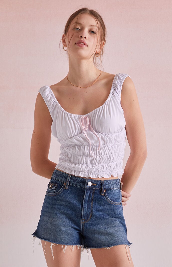 Beverly and Beck Bow Tie V-Neck Ruched Tank Top