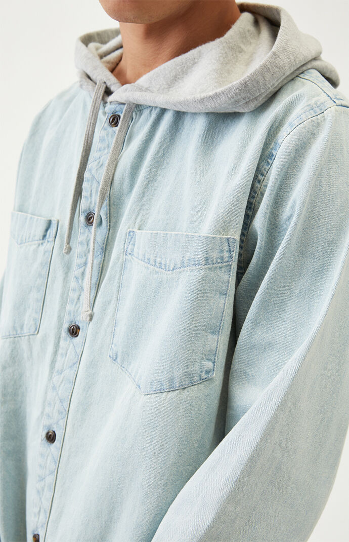 Hooded Denim Long Sleeve Button Up Shirt