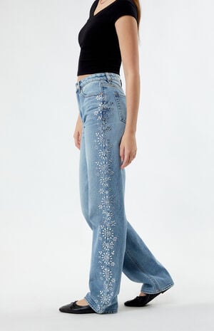 Medium Indigo Floral Rhinestone '90s Boyfriend Jeans image number 1