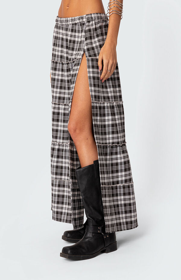 Maxi Skirt Plaid Mini Skirt Pacsun Edikted Plaid Side Slit Tiered
