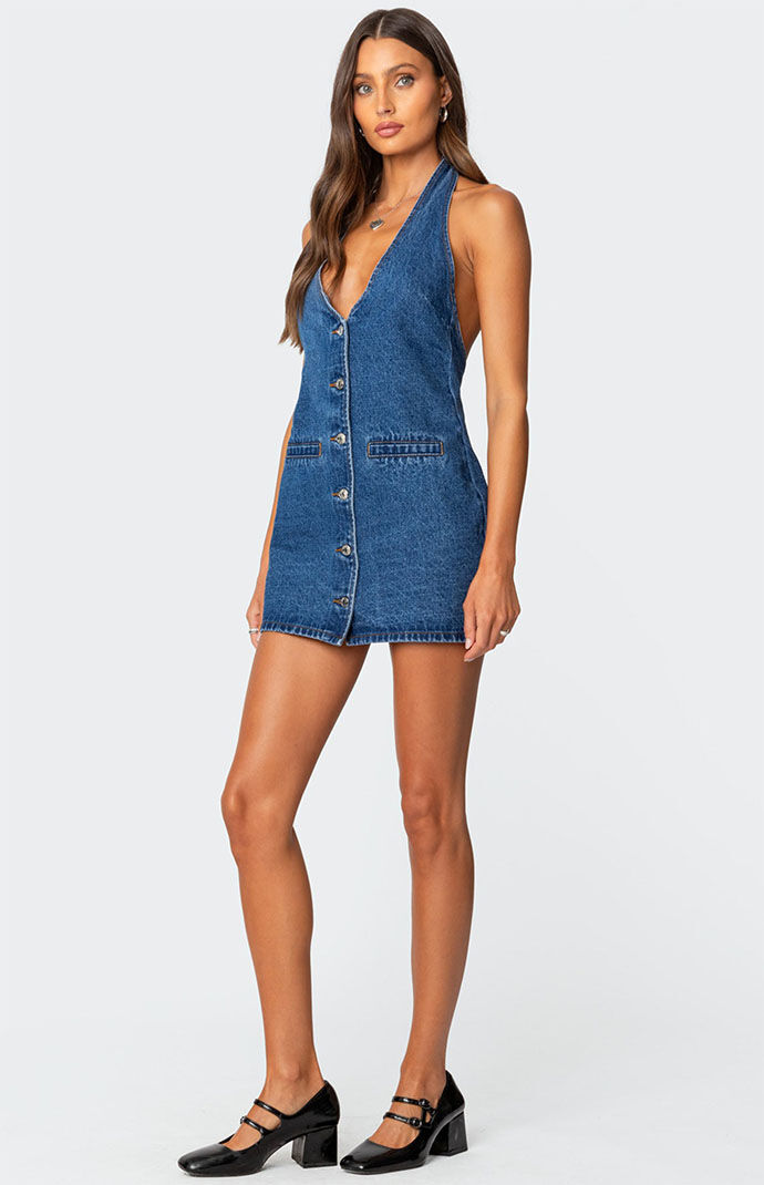 Edikted Destinee Denim Halter Mini Dress | PacSun