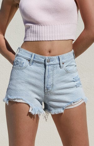 Light Indigo Ripped High Waisted Denim Festival Shorts image number 2