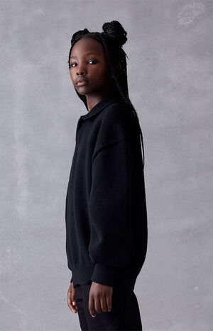 Essentials Jet Black Knit Polo Sweater image number 2