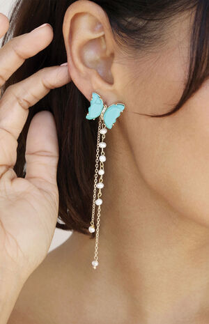 Turquoise Butterfly Pearl Chain Dangle Earrings image number 5