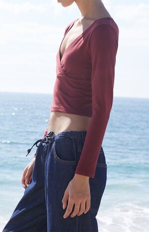 Burgundy Crossover Long Sleeve Top image number 3
