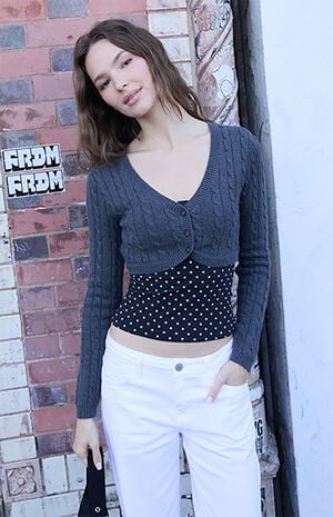 Gray Cable Knit Cropped Cardigan image number 1